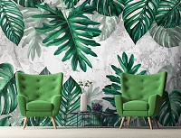 Флизелиновые фото обои с цветами на стену 254 x 184 см Зеленые тропические листья на бетоне (13783V4)+клей
