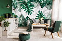 Флизелиновые фотообои на кухню 368 x 254 см Цветы - Зеленые тропические листья на бетоне (13783V8)+клей