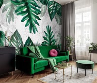 Современные флизелиновые фотообои на стену Цветы - Зеленые тропические листья на бетоне (13783V)+клей