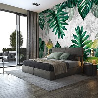 Флизелиновые фотообои для зала 416 x 254 см Цветы - Зеленые тропические листья на бетоне (13783VEXXXL)+клей
