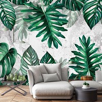 Флизелиновые фотообои имитация бетона 460 x 300 см Цветы - Зеленые тропические листья на камне  (13783V12)+клей