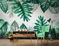 Флизелиновые фотообои на кухню цветы - Зеленые тропические листья на стене (13784V)+клей