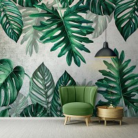 Флизелиновые фотообои имитация бетона 368 x 254 см Цветы - Зеленые тропические листья на стене (13784V8)+клей