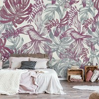 Флизелиновые фотообои 312x219 см Цветы - Розовые и зеленые листья на стене (13786VEXXL) +клей