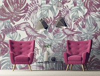 Флизелиновые фотообои 416x254 см Цветы - Розовые и зеленые листья на стене (13786VEXXXL) +клей