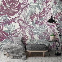 Красивые флизелиновые фотообои Цветы - Розовые и зеленые листья на стене (13786V)+клей