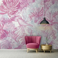 Флизелиновые фотообои 460x300 см Цветы - Листья в розовых и голубых тонах (13787V12) +клей