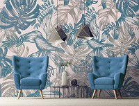 Флизелиновые фотообои 416x290 см Цветы - Серые и синие листья на стене (13788VEXXXXL) +клей