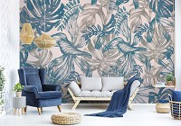 Флизелиновые фото обои природа 254x184 см Цветы - Серые и синие листья на стене (13788V4)+клей