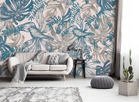 Флизелиновые фотообои 368x254 см Цветы - Серые и синие листья на стене (13788V8) +клей