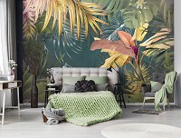 Зелень флізелінові фотошпалери Квіти - Екзотичні тропічні листя (13790V)+клей