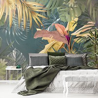 Флизелиновые фотообои в зал 460 x 300 см Цветы - Экзотические тропические листья (13790V12)+клей