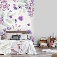 Флизелиновые фото обои листья 184x254 см Нарисованные пурпурные цветы на светлом фоне (13791V4A)+клей