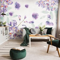 Флизелиновые фотообои в интерьере 368x280 см Нарисованные пурпурные цветы на светлом фоне (13791V10) +клей