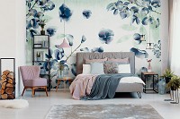 Флизелиновые фотообои 368x280 см Нарисованные синие цветы на светлом фоне (13792V10) +клей