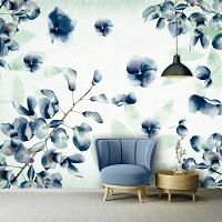 Флизелиновые фотообои листья в интерьере 416x254 см Нарисованные синие цветы на светлом фоне (13792VEXXXL) +клей