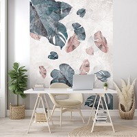 Флизелиновые фото обои цветы на стену 184x254 см Падающие тропические листья на светлом фоне (13797V4A)+клей