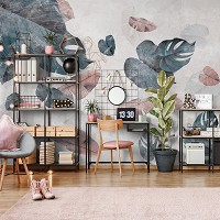 Флизелиновые фотообои с цветами на стену 368x254 см Падающие тропические листья на светлом фоне (13797V8) +клей