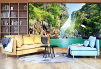 Флизелиновые фотообои в интерьере прихожей 368x280 см 3Д Природа Ландшафт Тайланд Скала Залив (137V10)+клей