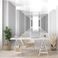 3D Флизелиновые фотообои в спальню над кроватью 368 x 254 см Бело-серый геометрический тоннель (13800V8)+клей
