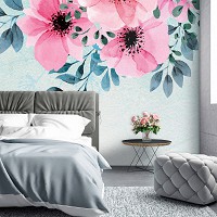 Флизелиновые фотообои акварель в интерьере 368 x 280 см Цветы - Розовые лепестки и зеленые листики  (13801V10)+клей