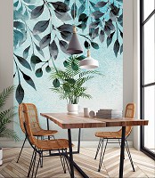 Флизелиновые фото обои цветы 206x275 см Нарисованные листья на светло зеленой стене (13802VEA)+клей