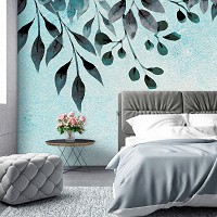 Флізелінові фотошпалери красиві квіти 368x280 см Намальовані листя на світло зеленій стіні (13802V10) +клей