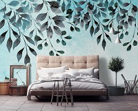 Флізелінові фото шпалери квіти 254x184 см Намальовані листя на світло зеленій стіні (13802V4)+клей