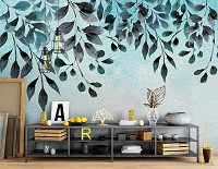 Красивые флизелиновые фотообои 312x219 см Нарисованные листья на светло зеленой стене (13802VEXXL) +клей