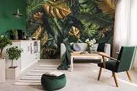 Флизелиновые фотообои 3D 416 x 254 см Цветы - Зеленые и золотые листья монстеры (13803VEXXXL)+клей