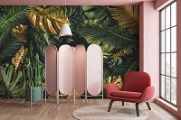 Флизелиновые 3D фото обои листья 254 x 184 см Зеленые и золотые цветы монстеры (13803V4)+клей