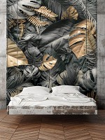 Флізелінові 3D фото шпалери листя 184 x 254 см Сірі та золоті квіти монстери (13804V4A)+клей - вид 5 мініатюра