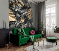 Флізелінові 3D фото шпалери листя в інтер'єрі 206 x 275 см Сірі та золоті квіти монстери (13804VEA)+клей - вид 6 мініатюра