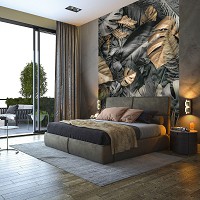 Флизелиновые 3D фото обои листья 184 x 254 см Серые и золотые цветы монстеры (13804V4A)+клей