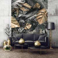 Флизелиновые 3D фото обои листья в интерьере 206 x 275 см Серые и золотые цветы монстеры (13804VEA)+клей