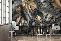 Флизелиновые фотообои винтаж 3D 416 x 290 см Цветы - Серые и золотые листья монстеры (13804VEXXXXL)+клей