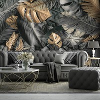 Флизелиновые фотообои на кухню 3D 368 x 280 см Цветы - Серые и золотые листья монстеры (13804V10)+клей