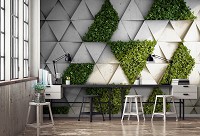 Флизелиновые фото обои геометрия в интерьере 254 x 184 см 3D Бетонные треугольники и зеленая трава (13806V4)+клей