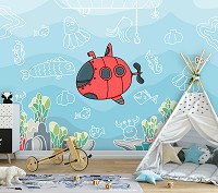 Флизелиновые фото обои для детей 254 x 184 см Подводный мир и субмарина (13811V4)+клей