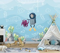 Флизелиновые фотообои в детскую 368 x 280 см Дайвер и осьминог (13812V10)+клей