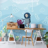 Флизелиновые фото обои море 254 x 184 см Детские - Дайвер и осьминог (13812V4)+клей