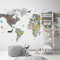 Флизелиновые фотообои 460 x 300 см Детские - Карта мира с животными  (13814V12)+клей