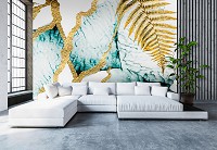 Флизелиновые фотообои на стену 368 x 254 см Цветы - Золотой папоротник на мраморе  (13819V8)+клей