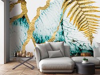 Флизелиновые фотообои 312 x 219 см Цветы - Золотой папоротник на мраморе  (13819VEXXL)+клей