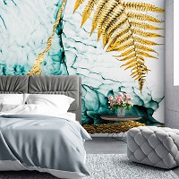Флизелиновые фото обои с листьями на стену 254 x 184 см Цветы - Золотой папоротник на мраморе (13819V4)+клей