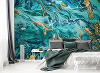 Флизелиновые фото обои абстракция 254 x 184 см Бирюзовый мрамор с золотом (13820V4)+клей