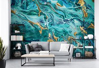 Современные флизелиновые фотообои на стену 368 x 254 см Бирюзовый мрамор с золотом (13820V8)+клей