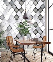 Флизелиновые фотообои в зал фото Узор Черно-белый марокканский клевер (13824V)+клей