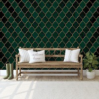 Флизелиновые фото обои с рисунком плитки 254 x 184 см Узор Темно-зеленый марокканский клевер (13825V4)+клей