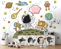 Флизелиновые фото обои для мальчика 254 x 184 см Детские - Астронавт на луне (13826V4)+клей